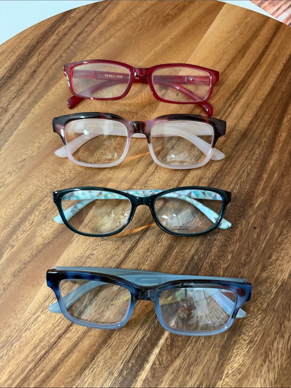 Set of Four Women's Rectangle Reading Glasses in Red, Pink, Green & Blue 1.75